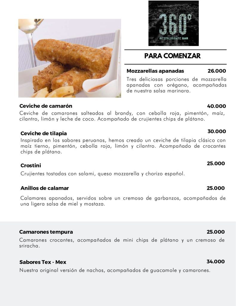 Menú entradas de la carta del restaurante 360